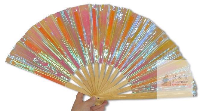 New XL 24" Across 13.5" Long Iridescent Pink Bamboo Hand Fan | Festival Merch | Vinyl Shimmer Clack Fan | Thwoorp Fan | EDM Rave accessories | Pride Festival | Holographic Ibiza Holiday