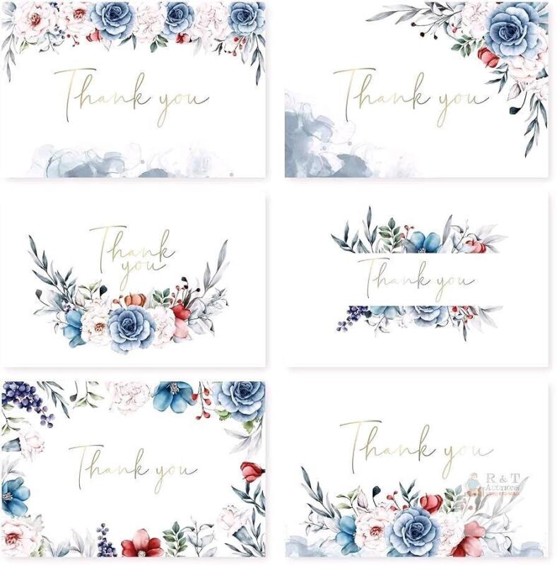 New Oaken Leaford 48 Pack Pre-Folded Floral Thank You Cards with Envelopes & Stickers, 6 Elegant Flower Designs for Wedding, Baby Shower Blue/Red