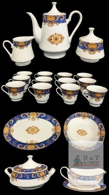Vintage Pegasus Fine Porcelain : Coffee Pot, Creamer, Sugar Bowl, 12&times; Coffee Cups, Gravy Boat + Dish, Covered Serving Bowl, Serving Dish & Bowl, Up to 14" &times; 9.75" - Pink & Blue Stamps. Note: Tiny Chip on Rim of Sugar Bowl