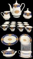 Vintage Pegasus Fine Porcelain : Coffee Pot, Creamer, Sugar Bowl, 12&times; Coffee Cups, Gravy Boat + Dish, Covered Serving Bowl, Serving Dish & Bowl, Up to 14" &times; 9.75" - Pink & Blue Stamps. Note: Tiny Chip on Rim of Sugar Bowl