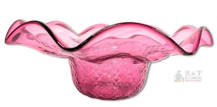 Unsigned Rossi Canada Art Glass - Vintage Hand Blown Cranberry Glass Ruffled Edge Bowl - 12.25" Diameter &times; 4.9" Tall, No Chips or Cracks