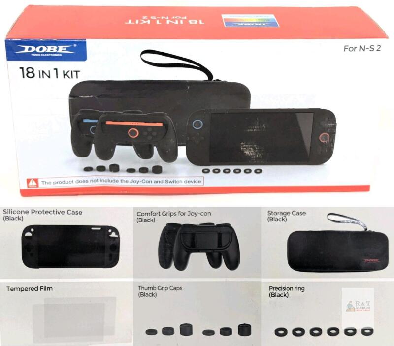 New Dobe 18 in 1 Nintendo Switch 2 NS2 Accessory Kit : Silicone Case, Comfort Joycon Grips, Storage Case, Thumb Grip Caps, Precision Rings & Tempered Screen Film
