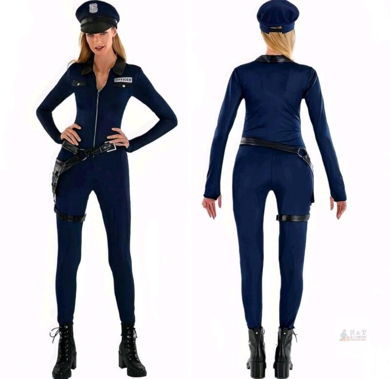New Size LG Women's XXLOG Police Commanding Officer Costume for Adults, Blue Jumpsuit, Hat & Hip Holster Belt Thing