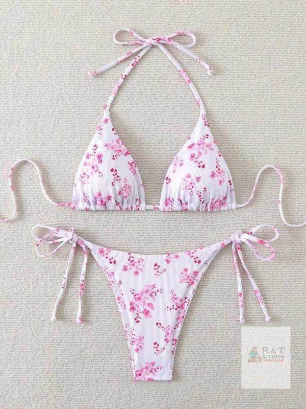 New Size XS Women's 2-Piece Fkoral Pink White String Bikini Swim Set