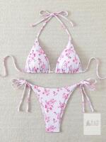 New Size XS Women's 2-Piece Fkoral Pink White String Bikini Swim Set