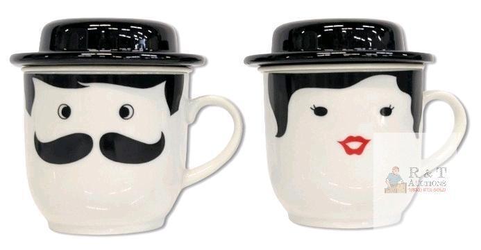 Pair of Vintage Kanesho Japan Tea Cup with Strainer & Lid / Man with Mustache and Fancy Lady, Both With Bowler Hat Covers, Cuos 3.25" Tall, No Chips or Cracks