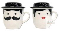 Pair of Vintage Kanesho Japan Tea Cup with Strainer & Lid / Man with Mustache and Fancy Lady, Both With Bowler Hat Covers, Cuos 3.25" Tall, No Chips or Cracks
