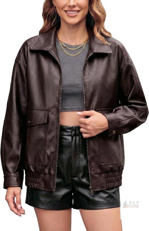 New Size SM Women's Vanmolrs Oversize Leather Jacket PU Leather Motorcycle Coats Bomber with Double Pockets