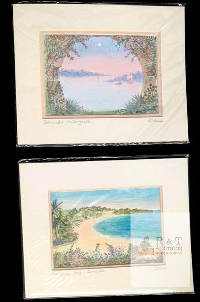 2 Vintage Signed Lithograph Prints, Matted, by Canadian Artist Diana Higginbotham : Bermuda Moongate & Horseshoe Bay, Bermuda, 10" &times; 8"