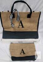 Bagail Initial Embroidery Jute Tote Bag Set, Letter A, Gift Box, Accessory Pouch, Brown/Black