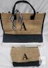 Bagail Initial Embroidery Jute Tote Bag Set, Letter A, Gift Box, Accessory Pouch, Brown/Black