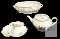 Vintage Porcelain: German Rose Teapot, Unmarked Hydrangea 3-Lobed Handled Candy/Nut Dish & Ridgways England Genoese Tureen Without Lid, Up To 9" &times; 6.75" &times; 3" Tall