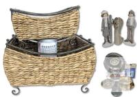 Home Decor: 18" &times; 29.5" Holiday Wall Tapestry, 2 Footed Nesting Baskets Up To 16" &times; 10.25" &times; 11", Silverplate Abbott Pillar Candle Holder & Ring Holder, 3 Winter Figures Up To 10.25", Acrylic Makeup Mirror, Bedside Water Glass & Clock in Packaging
