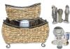 Home Decor: 18" &times; 29.5" Holiday Wall Tapestry, 2 Footed Nesting Baskets Up To 16" &times; 10.25" &times; 11", Silverplate Abbott Pillar Candle Holder & Ring Holder, 3 Winter Figures Up To 10.25", Acrylic Makeup Mirror, Bedside Water Glass & Clock in Packaging