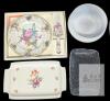 Mid Century German Democratic Republic Floral Porcelain Rectangle Serving Platters With Handles 14.2" &times; 8.5" , White Opal Glass Bowl 8.2" &times; 3.75" Tall, Ice-Style Glass Dumpling Tray 10.5" Long & Andrea by Sadek 10.5" Cake Plate & Matching Server "Amore" 