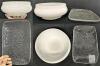 Mid Century German Democratic Republic Floral Porcelain Rectangle Serving Platters With Handles 14.2" &times; 8.5" , White Opal Glass Bowl 8.2" &times; 3.75" Tall, Ice-Style Glass Dumpling Tray 10.5" Long & Andrea by Sadek 10.5" Cake Plate & Matching Server "Amore" - 2