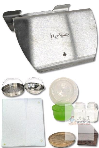 Kitchen Things : 12" &times; 14" Textured Glass Cutting Board, Vintage Wood Serving Tray 8.75" & Recipe Box, 19.25" Plastic Microwave Food Cover, Container & 2 Jars With Lids, 2 Metal Strainer Baskets With Handles 10" - 11.25" & Lee Valley Book Hug Hands-Free B