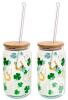 New FYSUIMU Lucky Drinking Glasses Gold Foil Shamrock Horseshoe Drinking Glasses 16oz Lucky Clover Glass Cup with Lids and Straw for Cocktails Whiskey Beer Soda (FY0057)