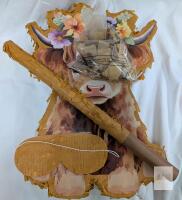 Cow Floral Pi&ntilde;ata Party Set with Bat, Blindfold, Confetti | Cardboard Construction | 20" Tall