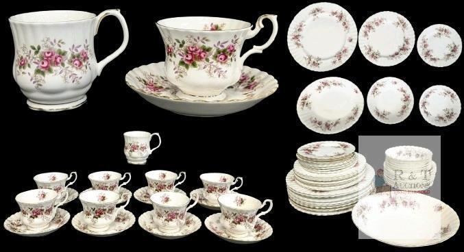 Vintage Royal Albert " Lavender Rose " English Bone China : 8&times; Tea Cups & Saucers, 1&times; Montrose Shape Coffee Mug, Serving Bowl 9" &times; 7.4", PLATES: 8&times; Bread Butter 6.2", 7&times; Salad 8", 8&times; Dinner 10.25", BOWLS : 7&times; Fruit 5.4", 8&times; Salad 6"