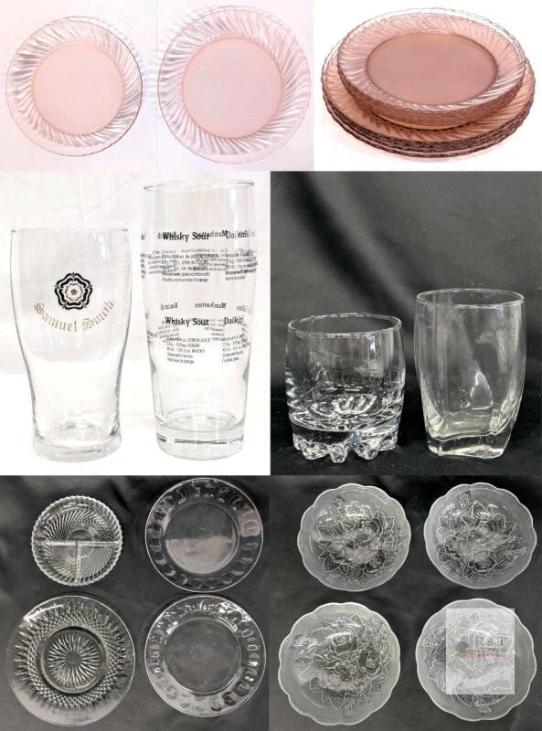 Vintage Arcoroc France Pink Swirl : 4&times; 7.75" Salad Plates & 4&times; 8.75" Dinner Plates | 2&times; Beer Glasses, 2&times; Whiskey Glasses, 2&times; Arcoroc France Clear Thumbprint 9" Plates, 10" Cake Olaye, Divided Serving Dish & 4&times; Kim Indonesia 6.8" Scalloped Rose Bowls