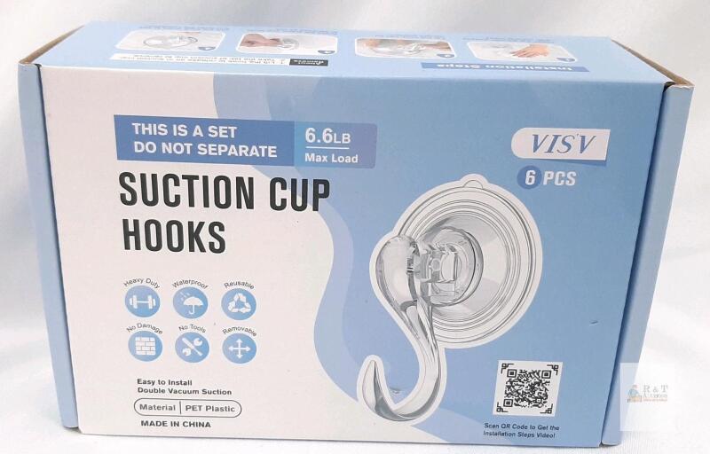 VIS'V HC002SCH Suction Cup Hooks Set of 6, Clear PET Plastic, 6.6 lbs Capacity Each