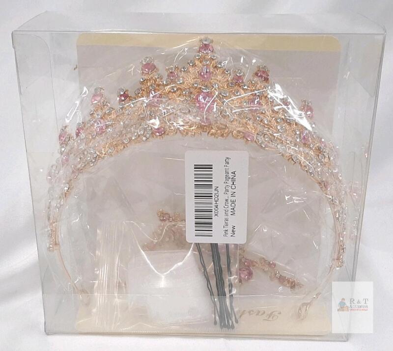 Pink/Gold Party Pageant Tiara with Rhinestones and Hairpins