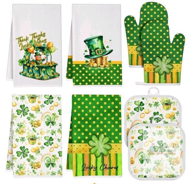 New 8pcs Lucky Charm Kitchen Decor Set , 4 Four Leaf Clover Dish Towel 2 Pot Holder 2 Oven Mitt