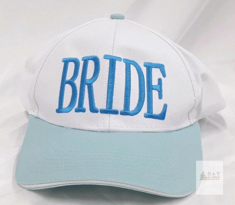 White and Light Blue "BRIDE" Embroidered Adjustable Baseball Cap, Six-Panel, Brass Buckle