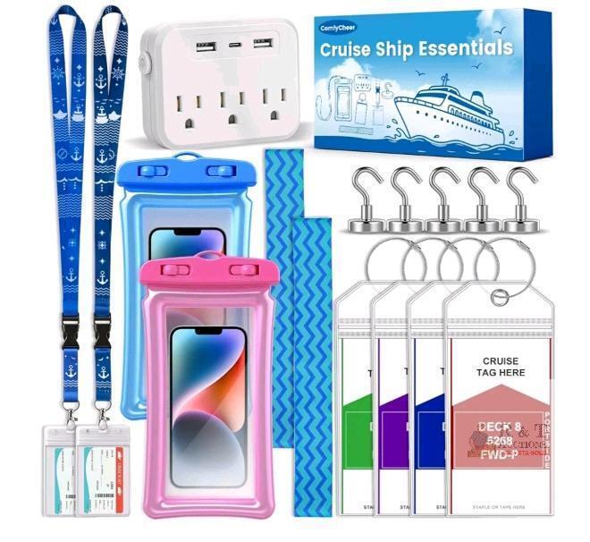 Cruise Essentials , Cruise Must Haves Kit,Non-Surge Protector Power Strip,Magnetic Hooks,Lanyards,Luggage Tags,Towel Bands,Waterproof Phone Pouches