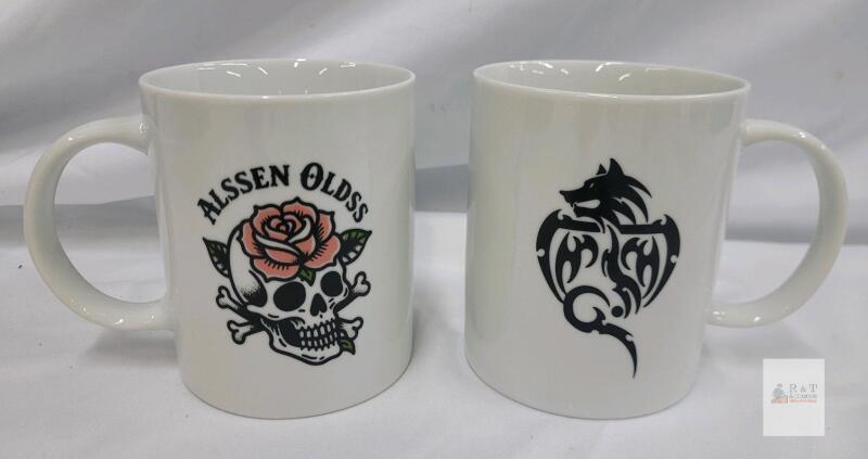 NEW HJOCMLE 30oz Ceramic Coffee Mugs Set of 2 &ndash; Skull Rose & Tribal Wolf Art &ndash;