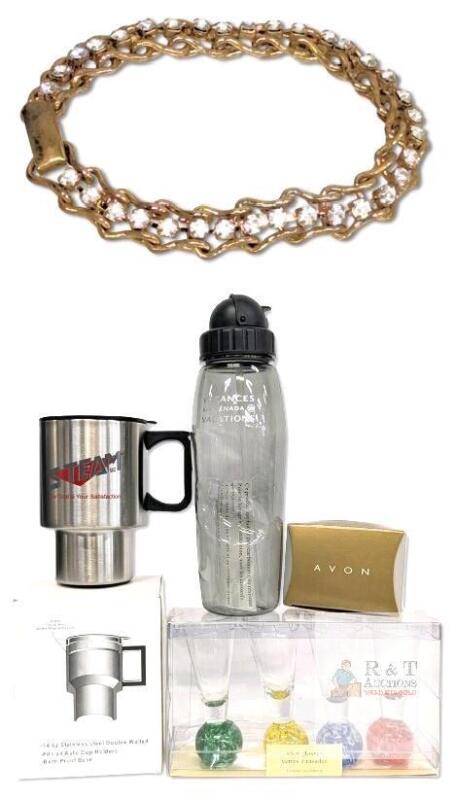 As-New Pier One 4pc Shot Glasses Set, 14oz Stainless Steel Double Walled Travel Mug System92, Air Canada Vacations Plastic Water Bottle & Vintage Avon Goldtone Crystal Bracelet 7" Long