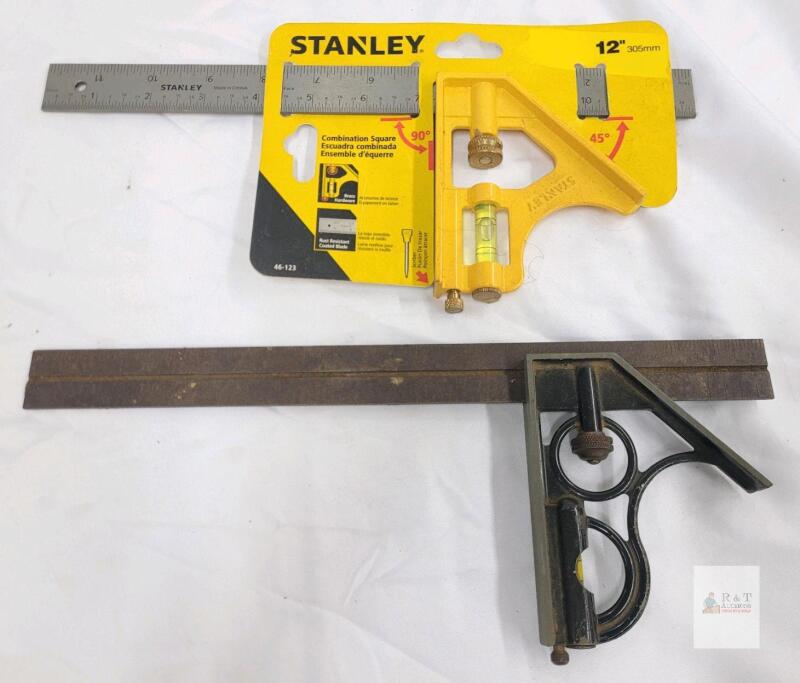 Stanley 12" Combination Square Model 46-123 & Vintage 12" Cast Iron Square, Both w/ Level Vial