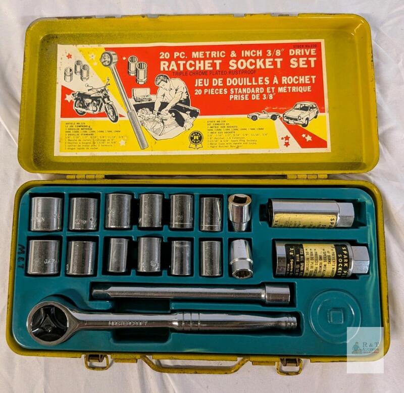 MISTERCRAFT 20-Piece Metric & SAE 3/8" Drive Ratchet Socket Set Japan, Model 220, Chrome Case