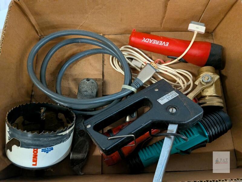 Mixed Lot Hand Tools: Lenox Hole Saw, Eveready Flashlight, Staple Gun, Valve, Cables