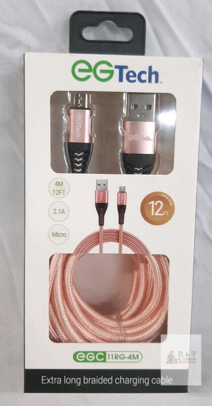EGTech EGC11RG-4M 12FT Extra Long Braided Micro USB Charging Cable, USB-A to Micro USB, 2.1A
