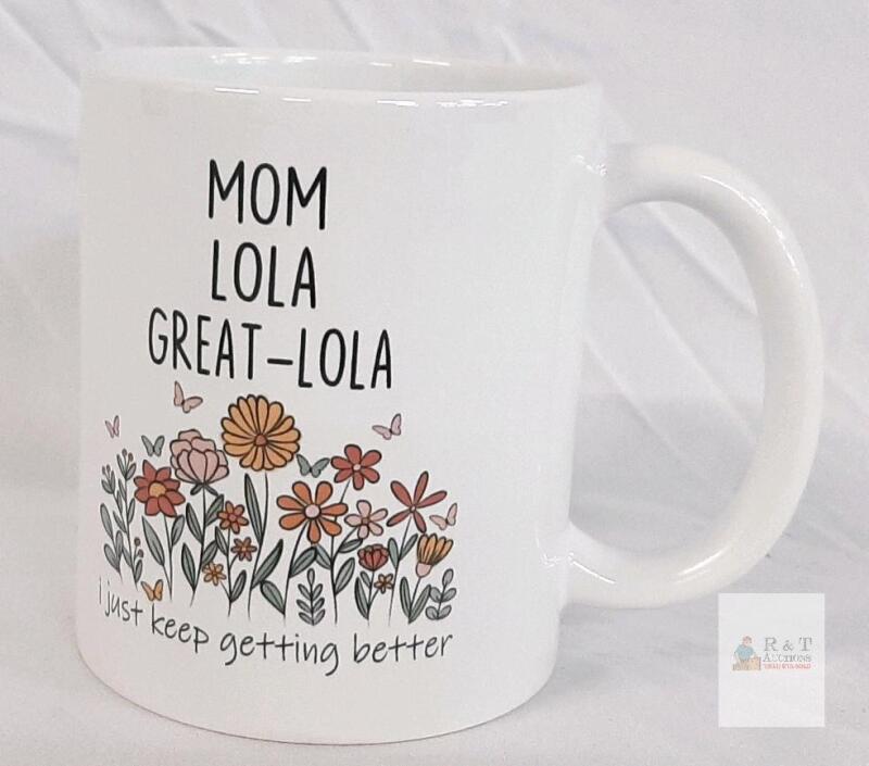 White Ceramic Coffee Mug with Floral Design and "Mom Lola Great-Lola" Text