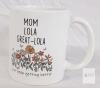 White Ceramic Coffee Mug with Floral Design and "Mom Lola Great-Lola" Text