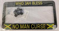 Jamaica Flag License Plate Frame &ndash; "WHO JAH BLESS NO MAN CURSE", Black/Yellow, Fits US/Canada Plates