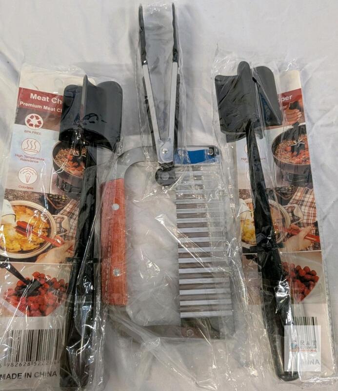 4-Piece Kitchen Utensil Set: Meat Choppers, Tongs, Crinkle Cutter, BPA-Free, Heat Resistant