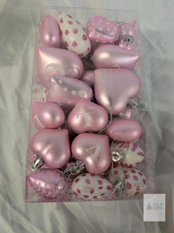 Shatterproof Pink & White Heart and Egg Shaped Christmas Ornaments 16-Pack, Glitter Polka Dot Design
