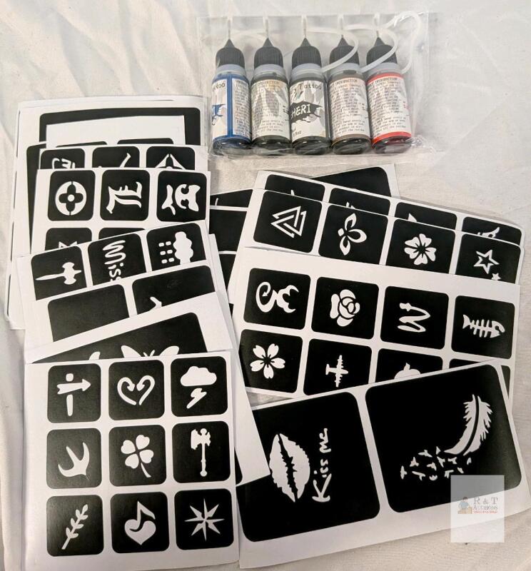 ISPHERI Temporary Tattoo Kit, 5-Color Ink (1oz Bottles), 8 Stencil Sheets,