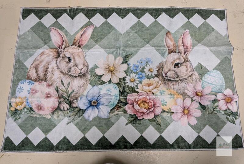 Easter Bunny & Floral Pastel Doormat, 31.5" x 20" Spring Accent Rug, Textile Backing
