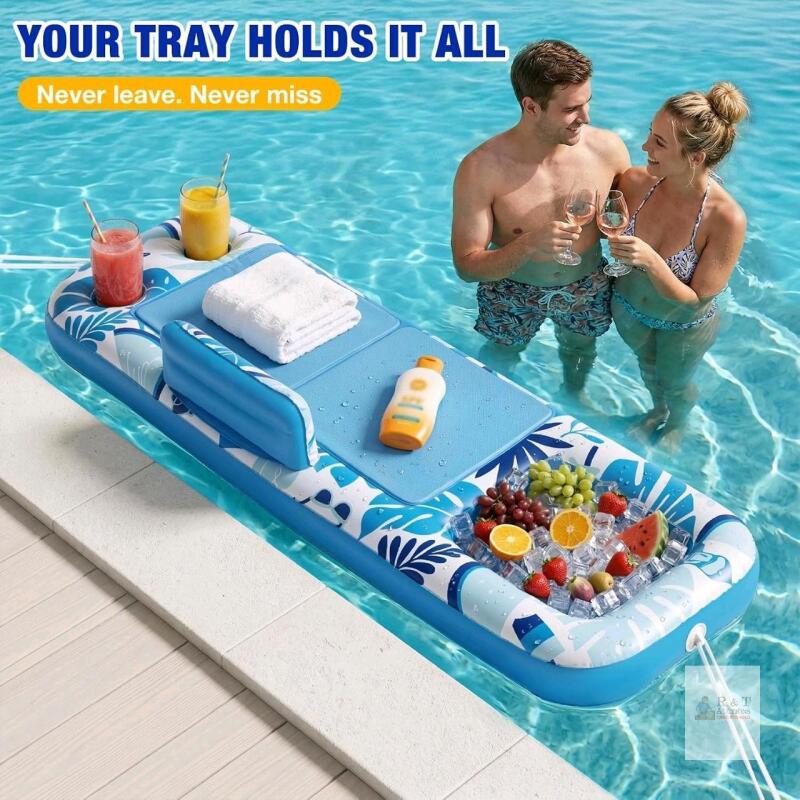 New Extra Large Inflatable Tanning Pool Float Tray - 61" L x 18" W Non-Slip Sunbathing Bed Tray with Cooler Ice Bar for Tanning Lounge Raft & Blow up Suntan Tub Pool Stuff Party Gifts