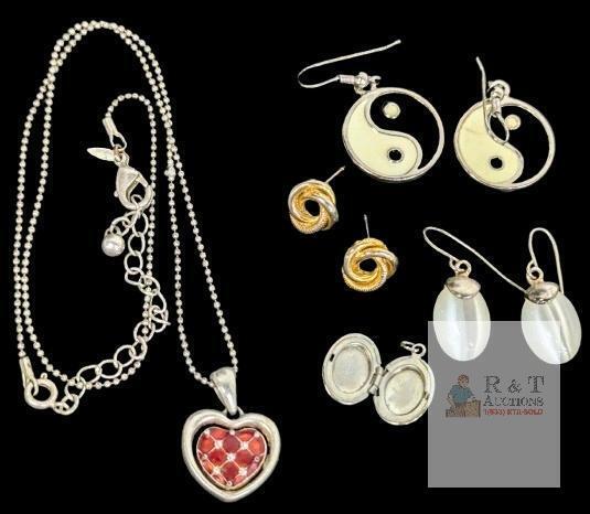 Vintage Avon Heart Necklace Rhinestone Spinner 16-19&rdquo; (w/ Extender), Yin Yang Dangle Earrings, Tiny 0.75" Locket, 2 Pairs Non-Magnetic Pierced Earrings : Faux Moonstone Drop Earrings & Knot Earrings