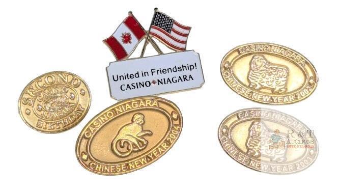 5 Casino Niagara Pin Badges : 3&times; Chinese New Year (Year of the Monkey & 2&times; Year of the Sheep), 2nd Birthday Commemorative Pin & United ib Friendship Pin