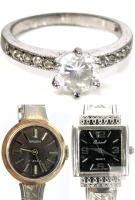 Working Vintage Gruen 17 Jewels Gold Tone Wind-up Analog Ladies Watch With Hong Kong Expansion Band, Osinrock Women&rsquo;s Cuff Watch & Size 7 CZ Solitaire Ring With Unidentified Hallmark Stamp
