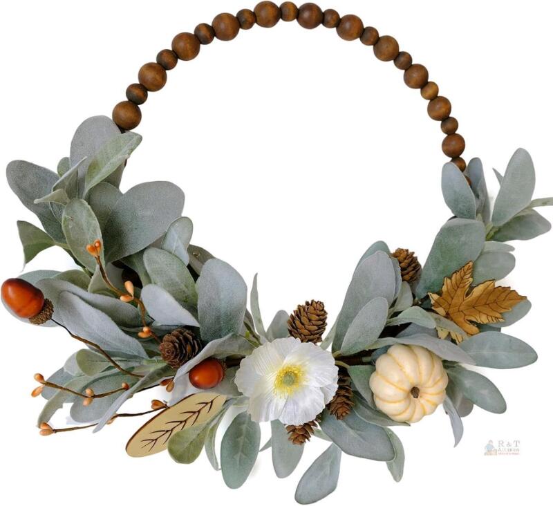 New TEMPUS 16" Fall Wood Bead Rabbit Ear Leaf Front Door Wreath, Artificial Pumpkin Wood Slice Fall Wreath Fall Harvest, Indoor and Outdoor Decor
