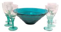 Set of 6 Teal-Stem Glasses 5.15" & Ribbed Teal Bowl 8.5" &times; 3.35" Tall