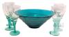 Set of 6 Teal-Stem Glasses 5.15" & Ribbed Teal Bowl 8.5" &times; 3.35" Tall